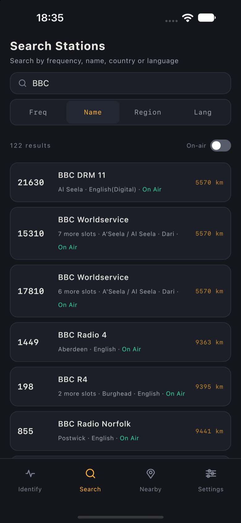 Search screen: results for BBC